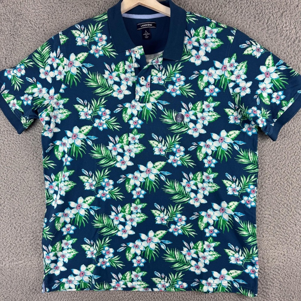 Lands End Polo Shirt Mens Large Blue Floral Hawaiian Traditional Fit 100% Cotton